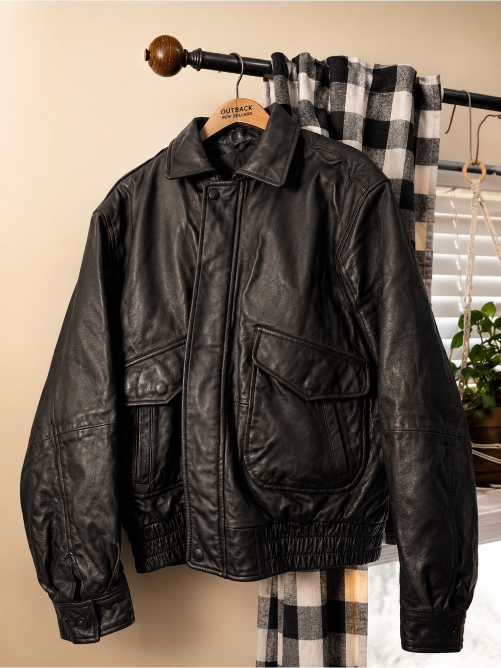 Vintage Outback Black Leather Bomber Jacket - Men's